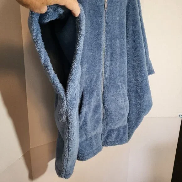 AnyBody Women's Hooded Plush Zipper Front Poncho Size XL/1X Blue - Picture 2 of 10